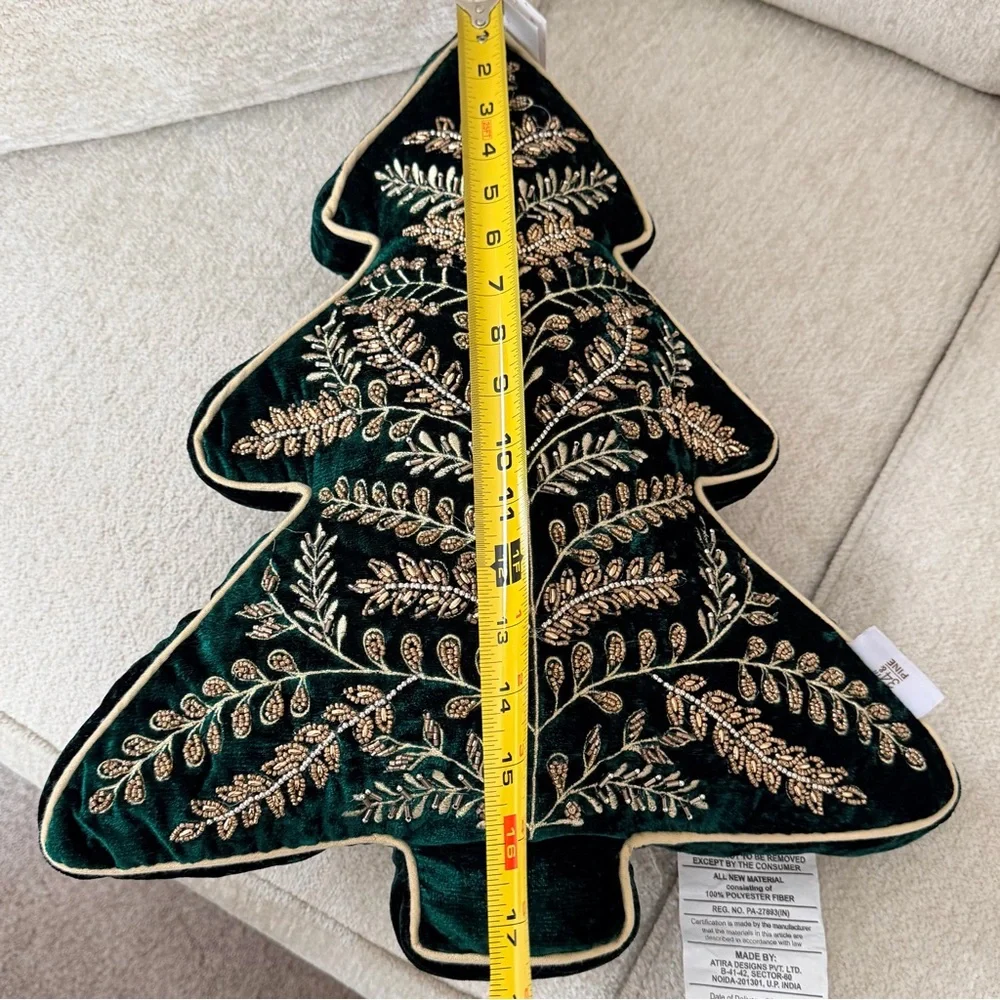 34th & Pine Elegant Embroidered Green Velvet Tree Pillow with Gold Accents